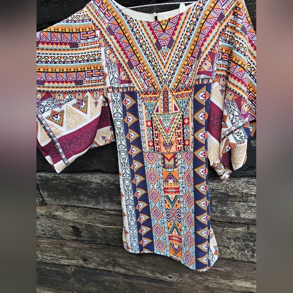 SOLD Multicolor Kimono Sleeve Boho Print Dress - Picture 2 of 4